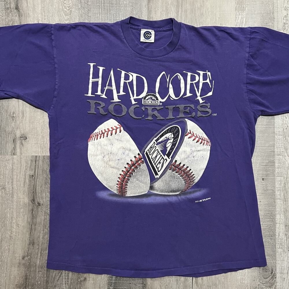 VTG Colorado Rockies Hardcore Split Baseball 90s Purple Baseball T Shirt Size XL